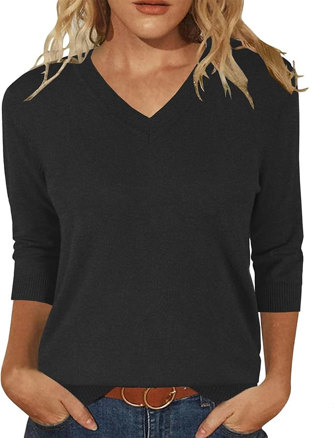 JomeDesign Womens Sweaters 3/4 Sleeve Pullover Tops V Neck Blouses Business Casual Fashion Clothe... | Amazon (US)