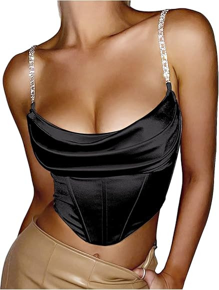 L'VOW Women's Sexy Ruched Push Up Satin Bustier Backless Boned Spaghetti Strap Corset Crop Top | Amazon (US)