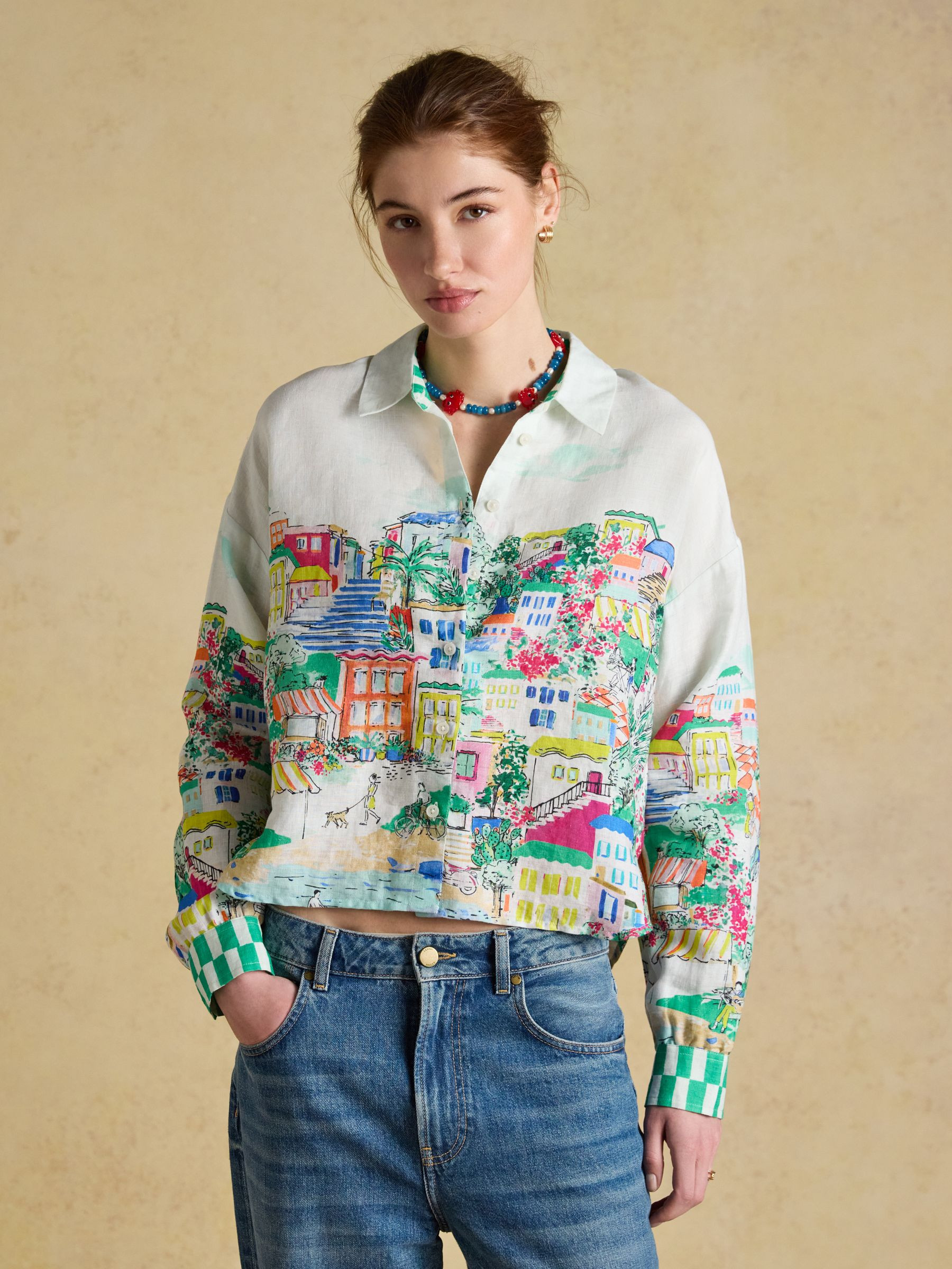 Selena Coastal Scene Print Pure Linen Printed Long Sleeve Shirt | Joules | Joules