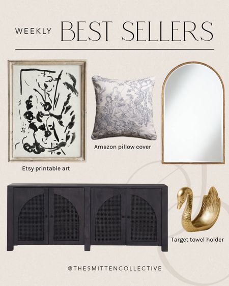 Weekly best sellers include the Lulu & Georgia sideboard on sale for 25% off, bathroom mirror and swan, Etsy abstract artwork and Amazon pillow cover!

#LTKunder50 #LTKstyletip #LTKhome