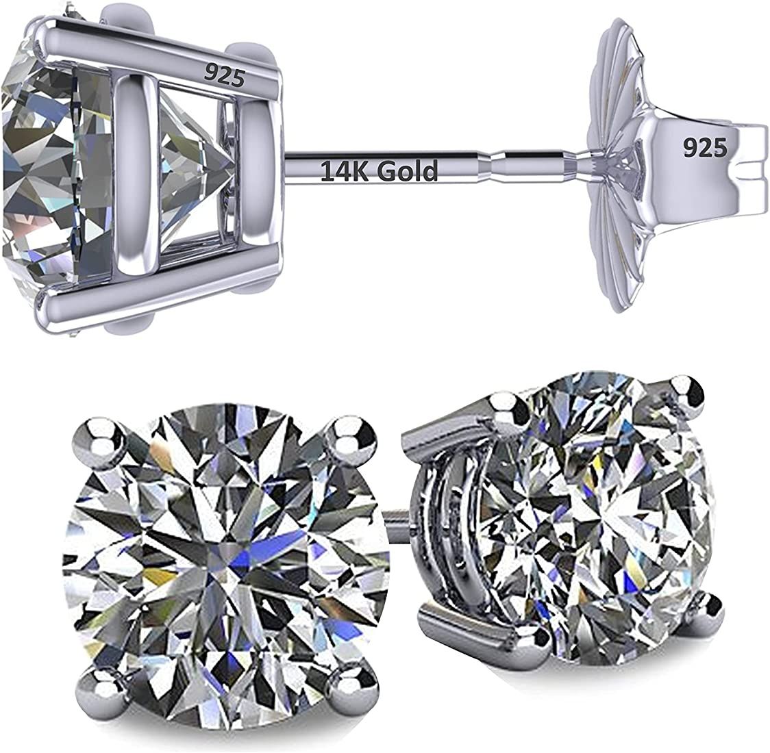 14K Solid Gold Post & Sterling Silver 4 Prong Pure Brilliance Zirconia CZ Stud Earrings 1.00ctw -... | Amazon (US)