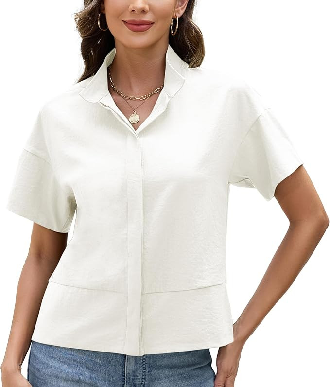 Ainangua Women Casual Button Down Shirts Oversized Short Sleeve Stand Collar Tops Trendy Work Blo... | Amazon (US)