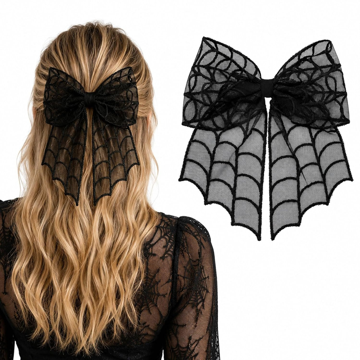 Halloween Spider Bow Hair Clips Black Lace Spider Web Bat Hair Bow Clip | Amazon (US)