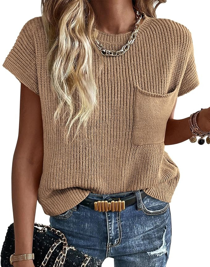 KIRUNDO Womens Spring Fall Cap Sleeve Tops 2024 Summer Casual Crew Neck Lightweight Sweater Vest ... | Amazon (US)