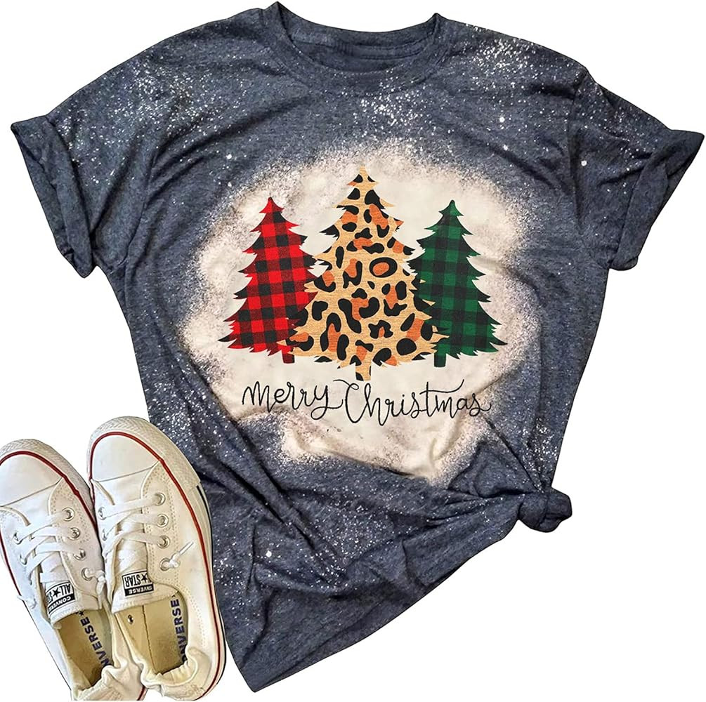 Merry Christmas Bleached Tshirt Women Xmas Leopard Plaid Trees Print Tees Casual Short Sleeve Hol... | Amazon (US)