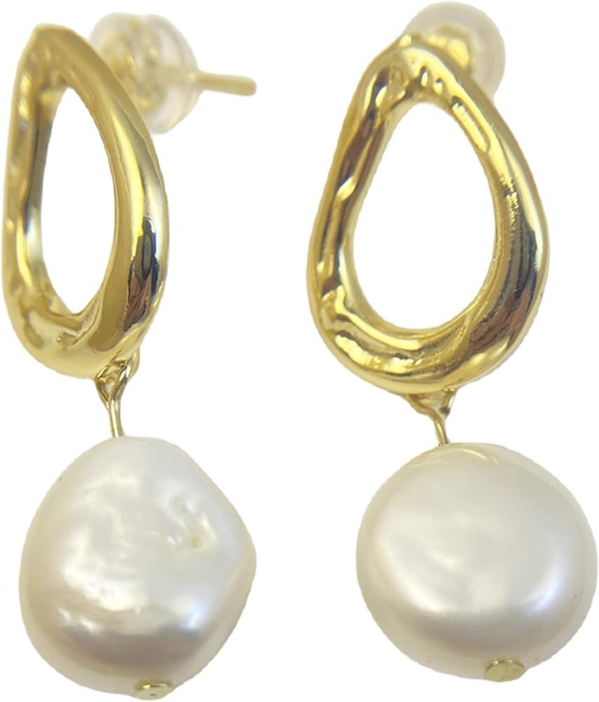 14K GOLD PLATED Natural Freshwater Baroque Pearl Dangle Drop Earrings for Women | Amazon (US)