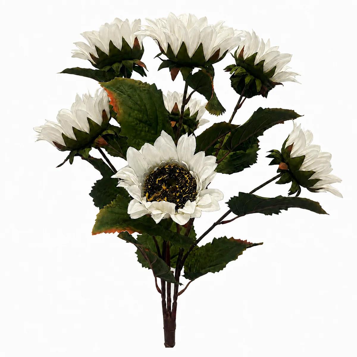 Cream Sunflower Head & Leaf Foliage Silk Faux Floral Bush Bouquet | Darby Creek Trading