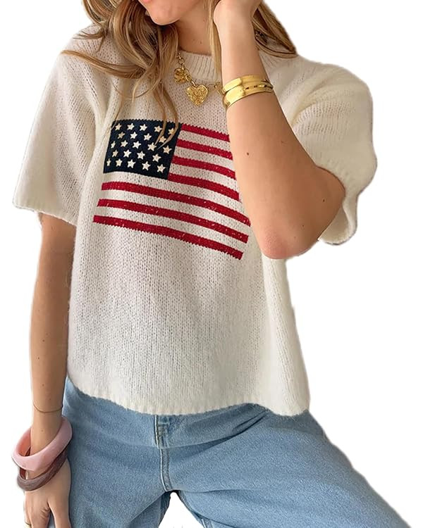 Women American Flag Sweater Short Sleeve Crewneck USA Graphic Patriotic Knit T-Shirt 4th of July ... | Amazon (US)
