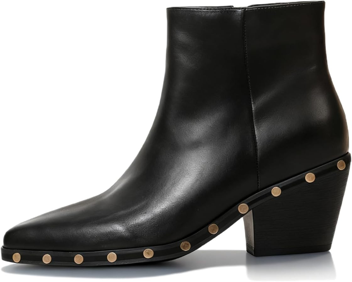 Women's Leather Pointed Toe Studded Block Heel Chelsea Boots With Side Zippers 2.56in Fashion Com... | Amazon (US)