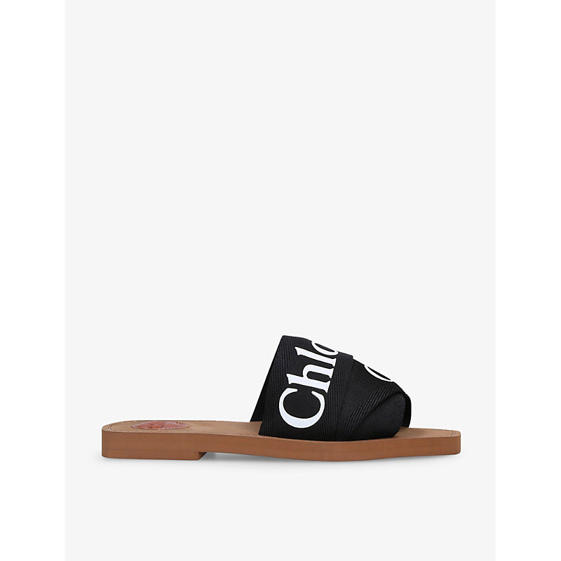 Chloe Womens Black Woody Logo-Print Canvas Sandals Eur 42/ 9 Uk Women | Selfridges