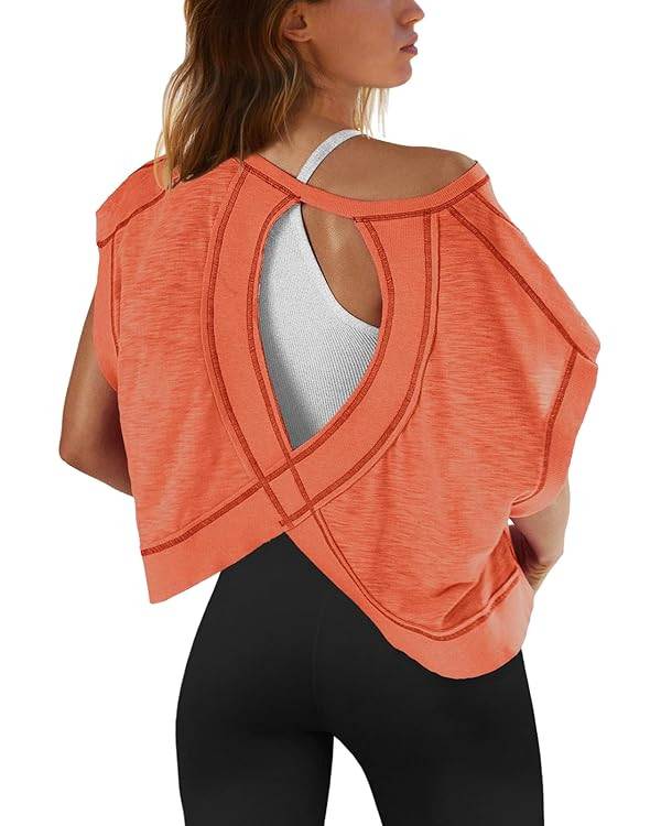 SENSERISE Womens Open Back Workout Tops Backless Short Sleeve Athletic Shirt Running Crop Top Gym... | Amazon (US)