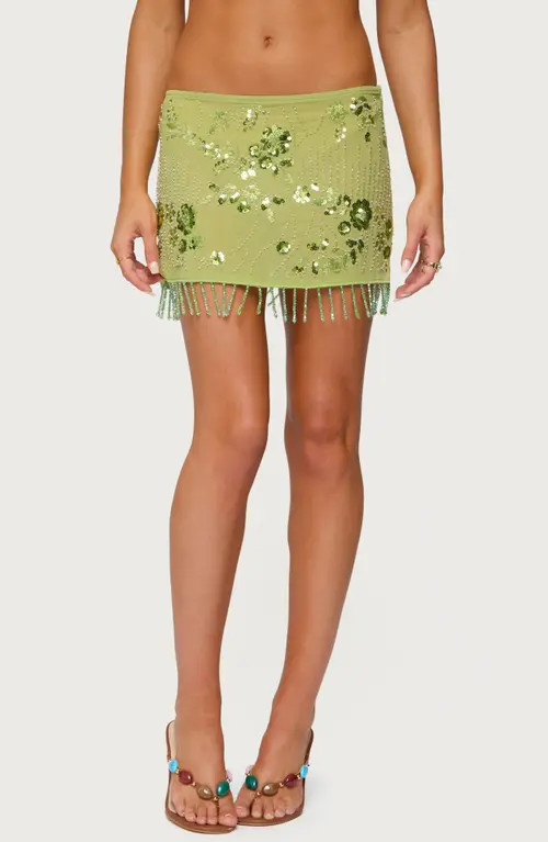 EDIKTED Embellished Fringe Semisheer Miniskirt in Green at Nordstrom, Size Large | Nordstrom