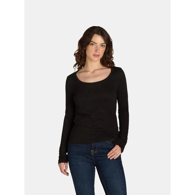 No Boundaries Scoop Neck Everyday Tee with Long Sleeves, Women's | Walmart (US)