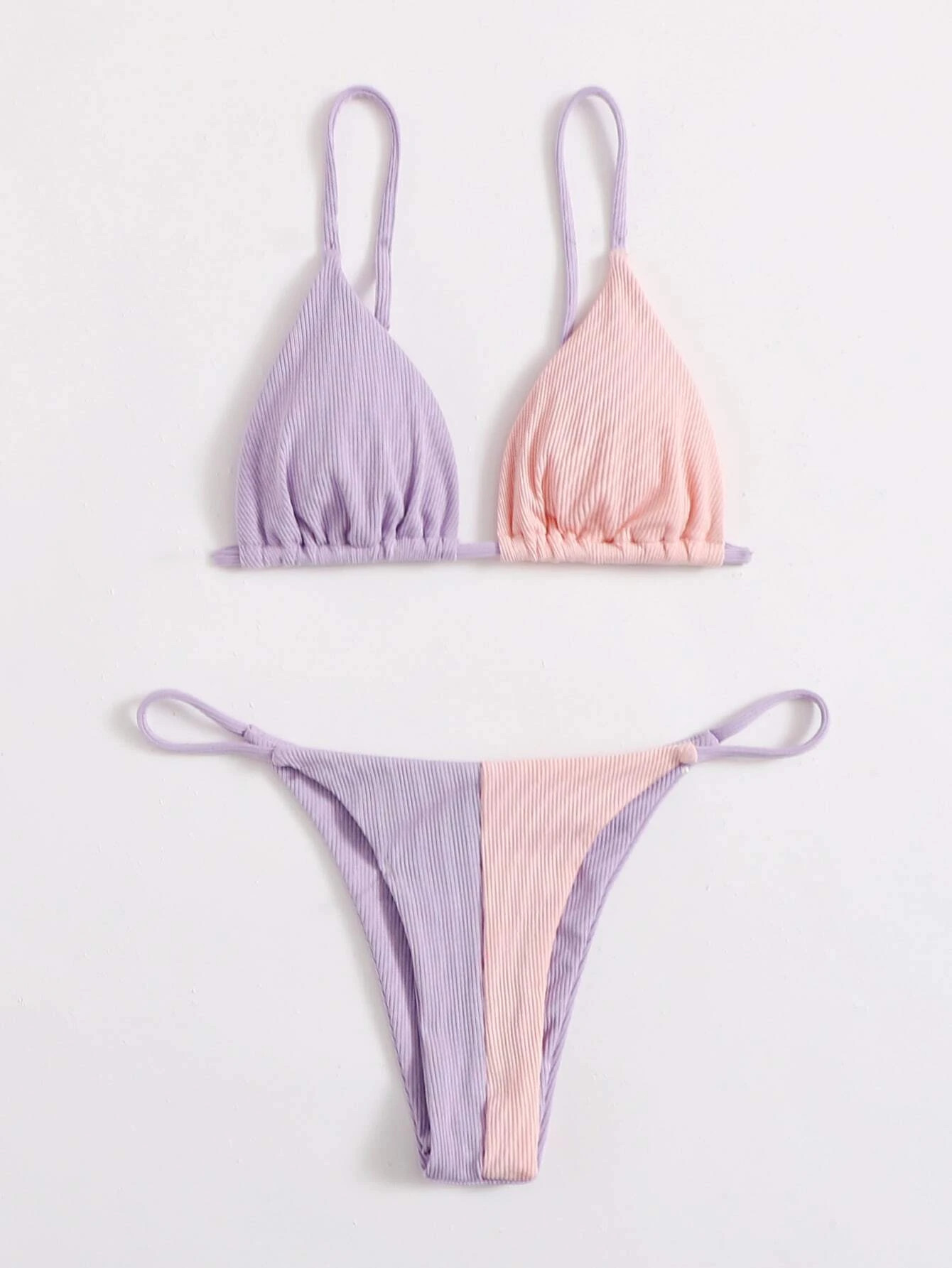 Two Tone Rib Triangle Thong Bikini Swimsuit | SHEIN