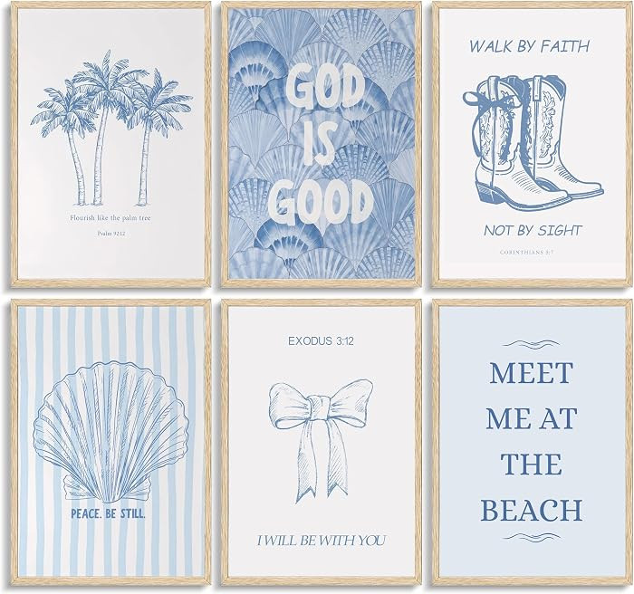 Qunwiwo Coastal Christian Wall Art Set of 6,Blue Preppy Beach Bible Verse Prints,God is Good Walk... | Amazon (US)