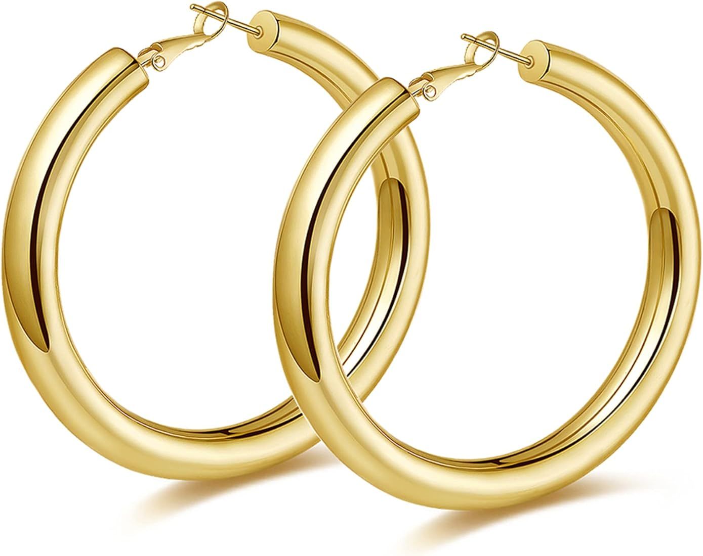 Thick Hoop Earrings Howllow 14K Gold Plated Gold Hoops for Women | Amazon (US)