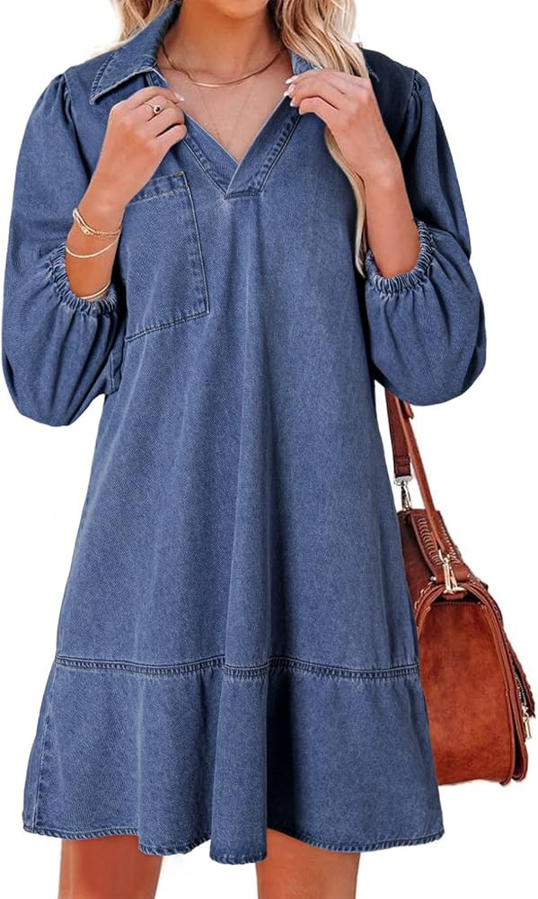 Dokotoo Denim Dress for Women Summer Casual Babydoll 2025 V Neck 3/4 Puff Sleeve Jean Dresses | Amazon (US)