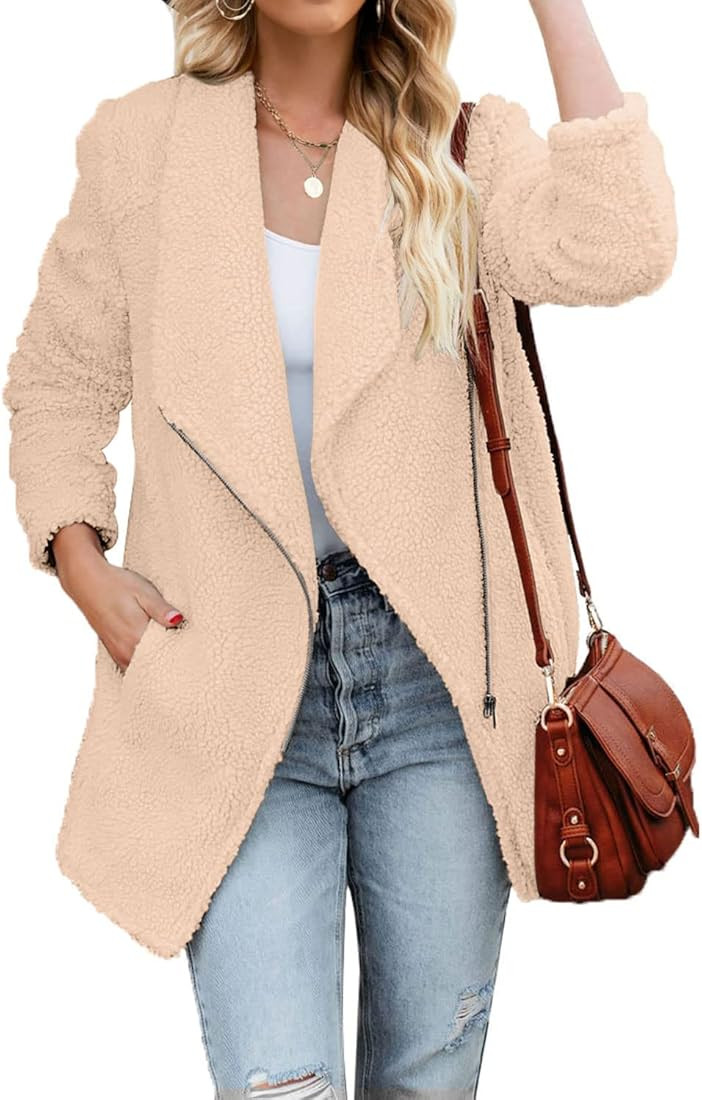MEROKEETY Women's Winter Sherpa Coats Lapel Zip Jackets Shaggy Fuzzy Fleece Faux Shearling Outwea... | Amazon (US)