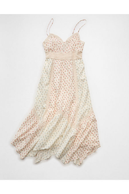 AE V-Neck Lace Inset Hanky Hem Midi Dress Women's Multi L | American Eagle Outfitters (US & CA)