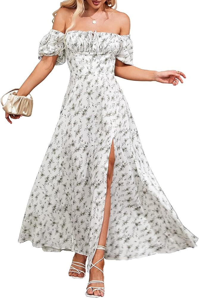 Women's Summer Puff Sleeve Floral Split Maxi Dress Flowy A Line Casual Beach Long Dresses | Amazon (US)