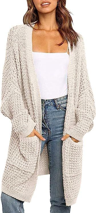 YIBOCK Womens Kimono Long Batwing Sleeve Open Front Chunky Cable Knit Cardigan Sweater with Pocke... | Amazon (US)