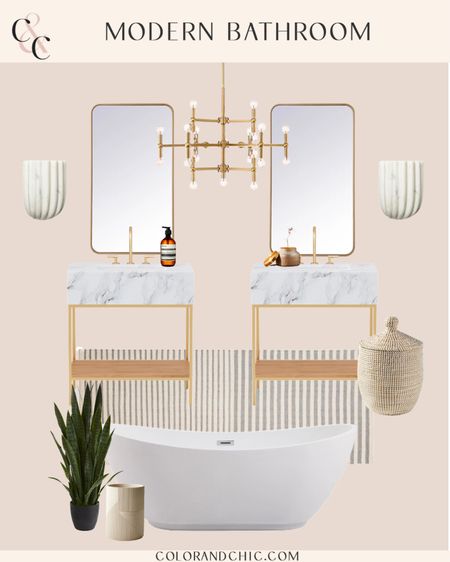 Modern home bathroom with brass and marble detailing. Absolutely love these sconces and how they give a soft uplighting to the room! The freestanding bath tub is also a favorite of mine. I always like to add some greenery in rooms to add some freshness to the space! 

#LTKhome #LTKstyletip