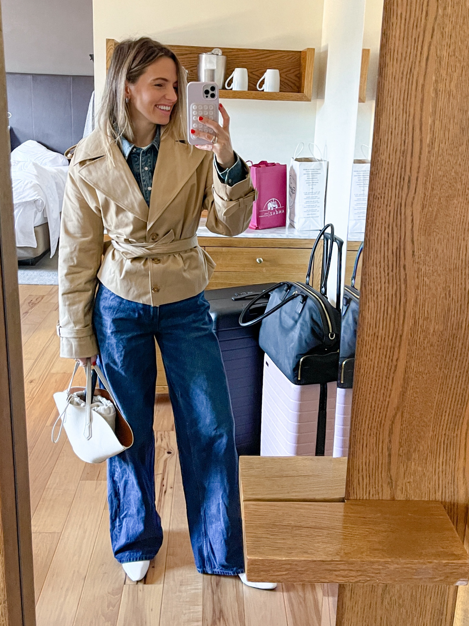 a denim on denim outfit with a cropped trench for a winter day out in Napa 🍇 i love to mix denim colors when im doing a denim on denim look. 🤍and I’m loving these jeans! They are so comfy. I’m wearing a size 25. 

#LTKTravel #LTKStyleTip #LTKSeasonal