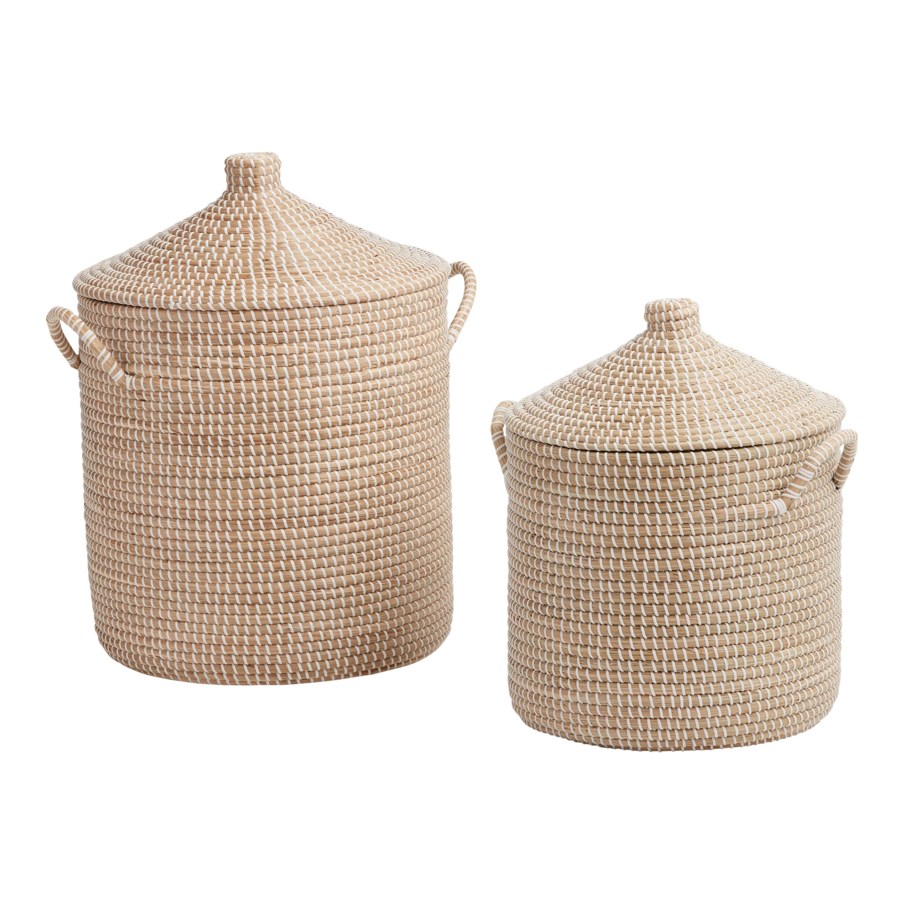Adira White and Natural Seagrass Basket With Lid - World Market | World Market