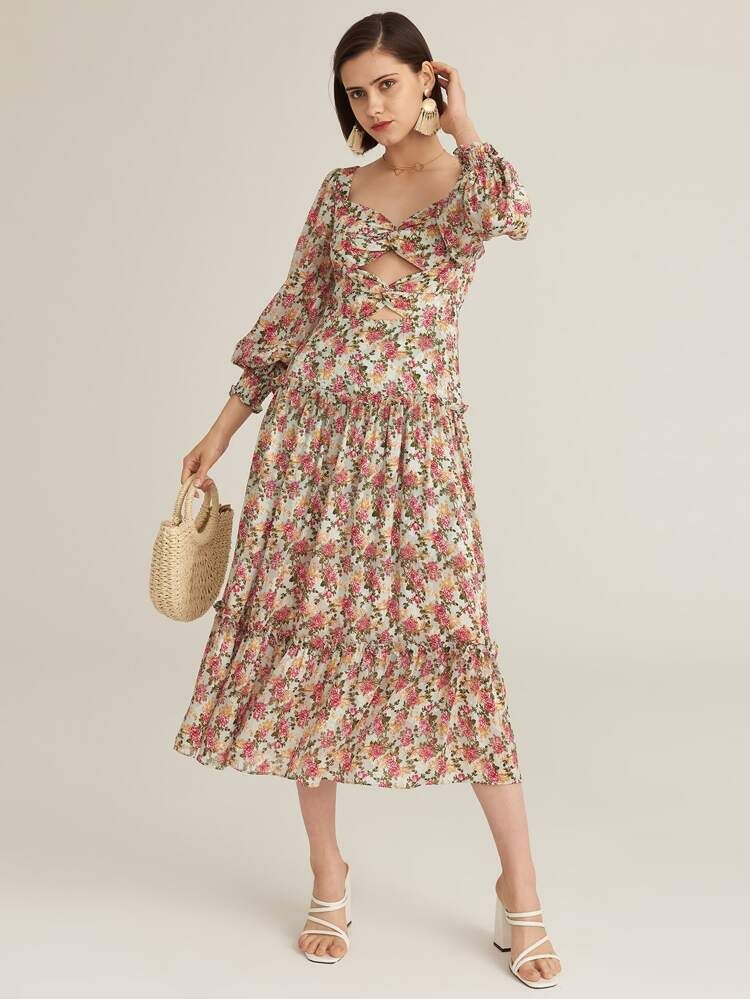 FLOWING PUFFED SLEEVE FLORAL DRESS | SHEIN