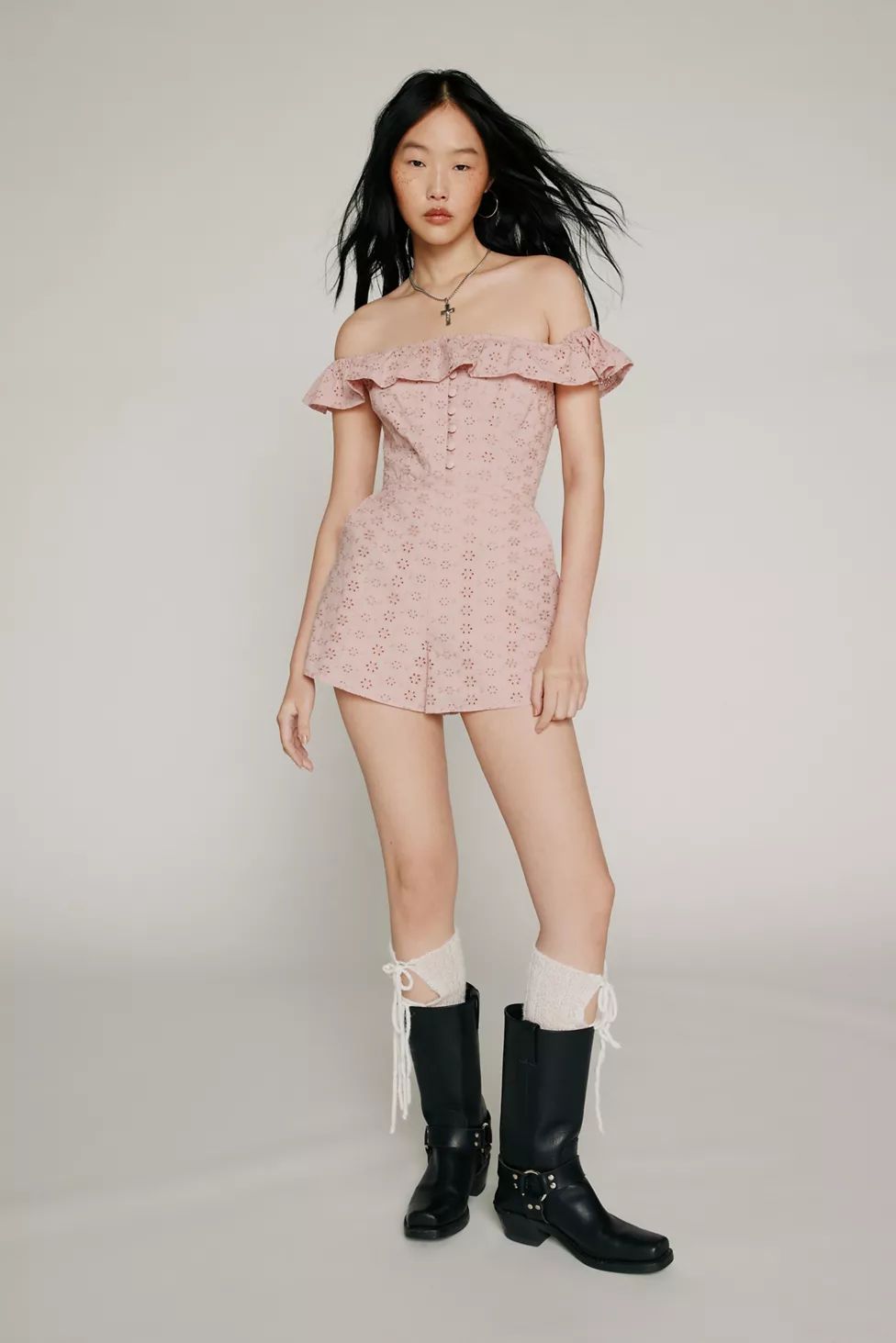 Kimchi Blue Jeena Eyelet Off-The-Shoulder Romper | Urban Outfitters (US and RoW)
