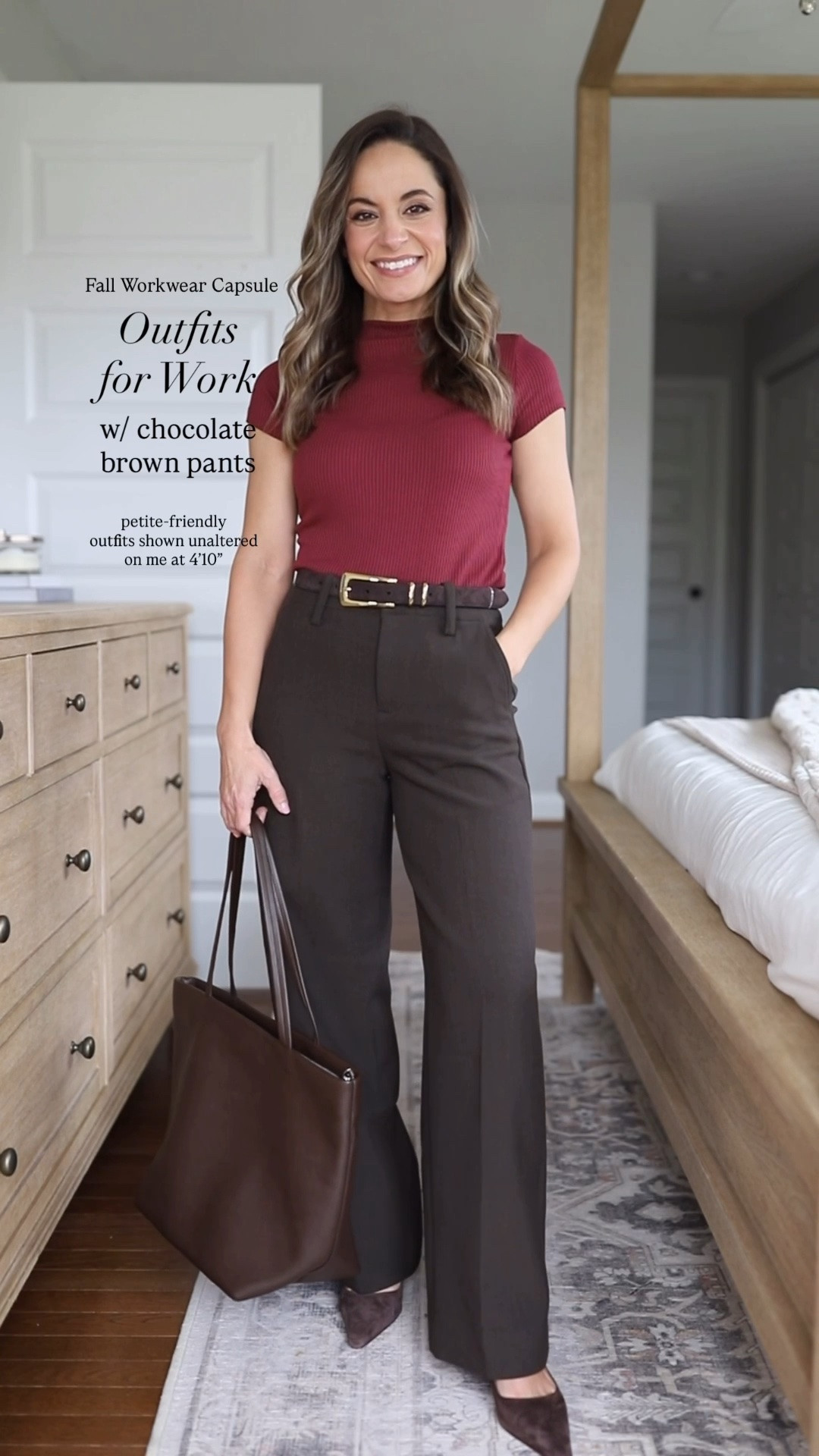 The 2026 Fall Workwear Capsule Wardrobe Series: outfits for work with brown pants! 

Brown Wide Leg Pants (BR Factory): petite 00 (doubleweave is sold out in brown, linking in black, similar option in the Hayden Pants and the Abercrombie Sloan pants). 

Orange Cardigan (Quince): xs 
Navy Sweater T-Shirt (Quince): xs 
Ivory Draped Top (Quince): xs 
Brown Ribbed Top (Quince): xs 
Wrap Cardigan (Aritzia): xs
White Button Down (J.Crew): petite 00 
Burgundy Short Sleeve Top (BR Factory): xxs 
Striped Button Down (Ann Taylor): xxs 
Wide Leg Jeans (J.Crew Factory): petite 24 
Burgundy Wide Leg Pants (BR Factory): petite 00 
Navy Slim Pants (Ann Taylor): petite 00 (I’m wearing curvy, but linked both fits)
Olive Cropped Flare Pants (J.Crew): petite 0 
Tan Blazer (J.Crew): petite 00 
Navy Blazer (J.Crew): petite 00 
Trench Coat (J.Crew): petite 00 

For size comparison, I’m 4’10” 105lbs. My measurements are 32”, 24”, 36”. I typically wear petite xxs/00/24 and have a 25” ankle inseam and a 27.5-28” full length inseam.

#LTKPetite #LTKWorkwear