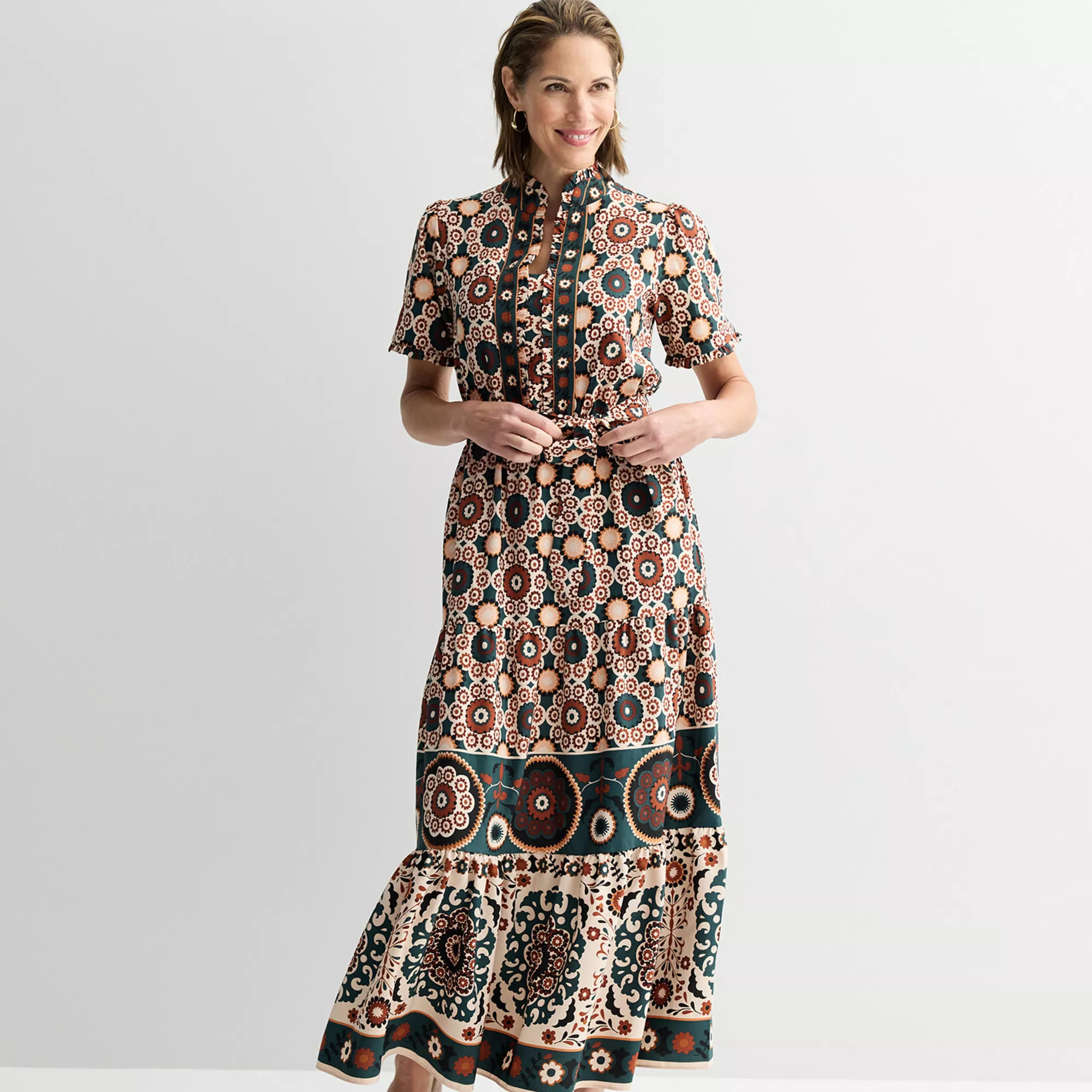 Women's London Times Ruffle Neck Short Sleeve Tiered Skirt Maxi Dress | Kohl's