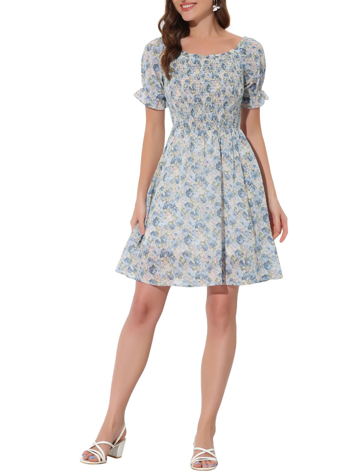 Allegra K Women's Floral Printed Off Shoulder Short Sleeve Smocked Above the Knee Dress | Walmart (US)