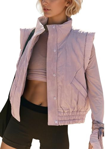 Fdakg Women's Cropped Puffer Vest Lightweight Button Down Casual Sleeveless Quilted Padded Gilet Coat with Pockets Purple | Amazon (US)
