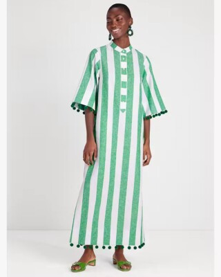 NWOT Kate Spade Awning Green White Stripe Pom Pom Tunic Caftan Maxi Dress MEDIUM  | eBay | eBay US