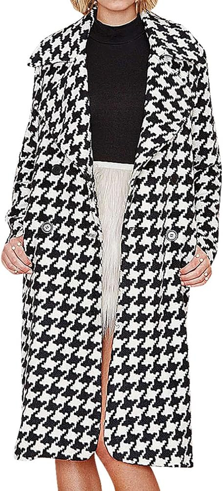 BLady Women's Black White Dogtooth Turndown Collar Long Wool Mix Relaxed Coat | Amazon (US)