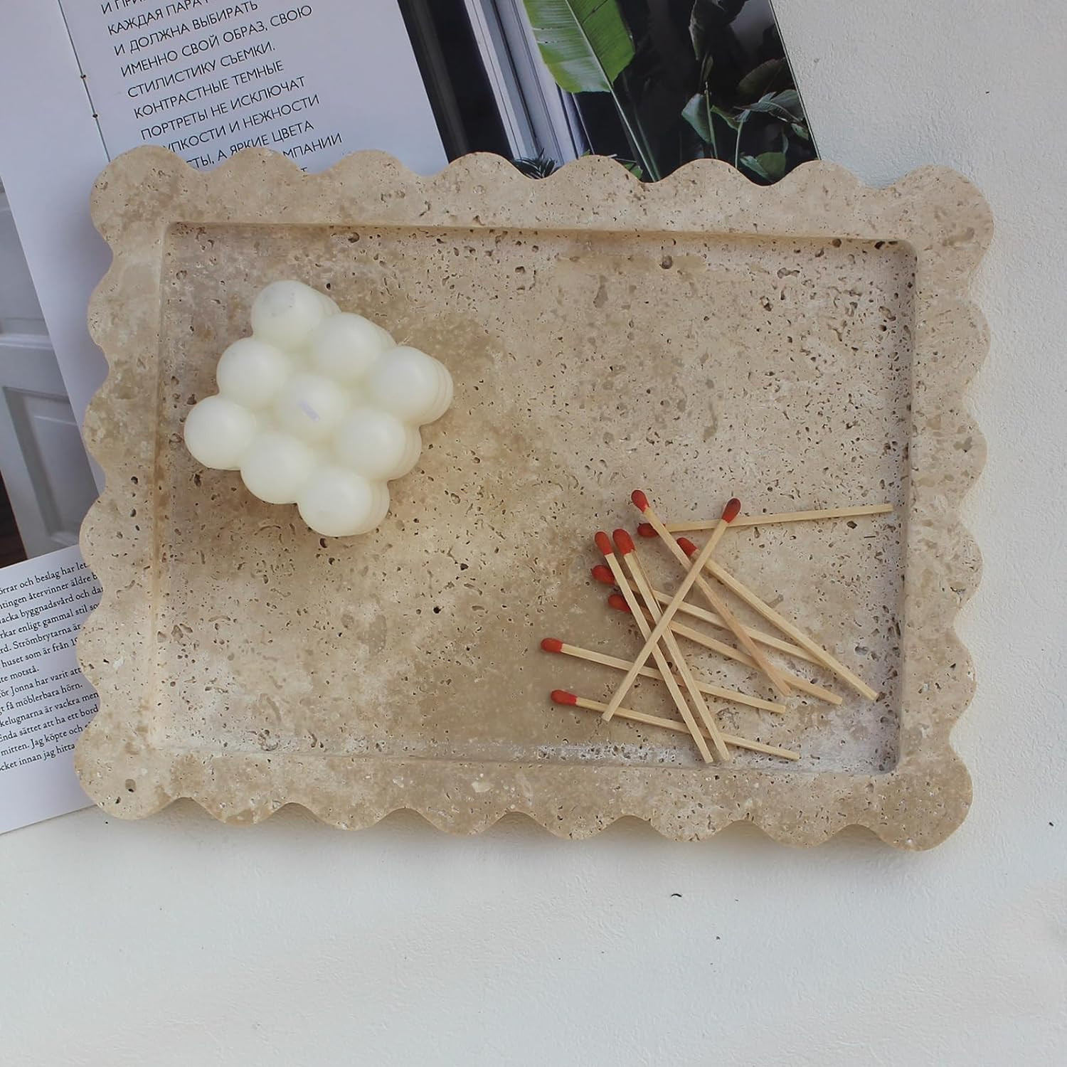 Natural Travertine Tray with Scalloped Edge, Rectangle Vanity Tray 10.8x8 for Bathroom Kitchen Co... | Amazon (US)
