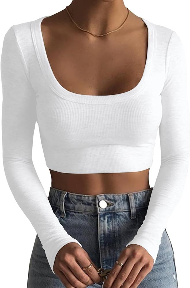 MISSACTIVER Women Basic Scoop Neck Long Sleeve Crop Tee Top Casual Ribbed Knit Skinny Solid Cropp... | Amazon (US)