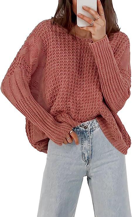 Mafulus Womens Oversized Sweaters Batwing Long Sleeve V Neck Waffle Chunky Knit Pullover Jumper T... | Amazon (US)