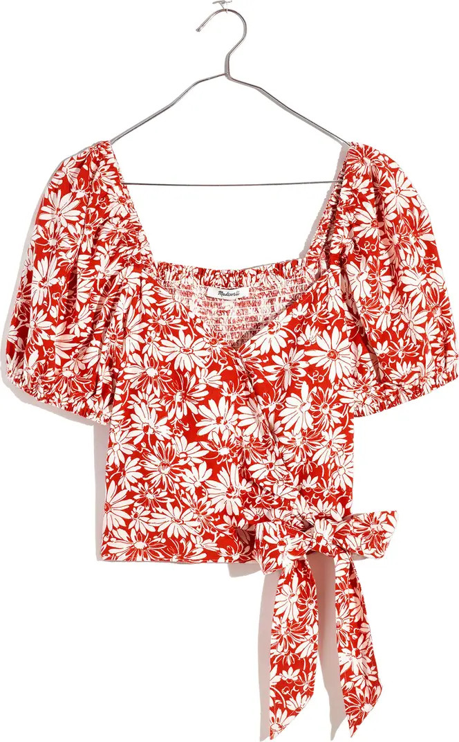 Abstract Floral Sweetheart Puff Sleeve Linen Blend Wrap Top | Nordstrom