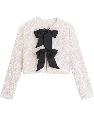Perbai Womens Casual Sequin Jacket Bow Coat Sparkling Crop Top Party Night Y2K Concert | Amazon (US)