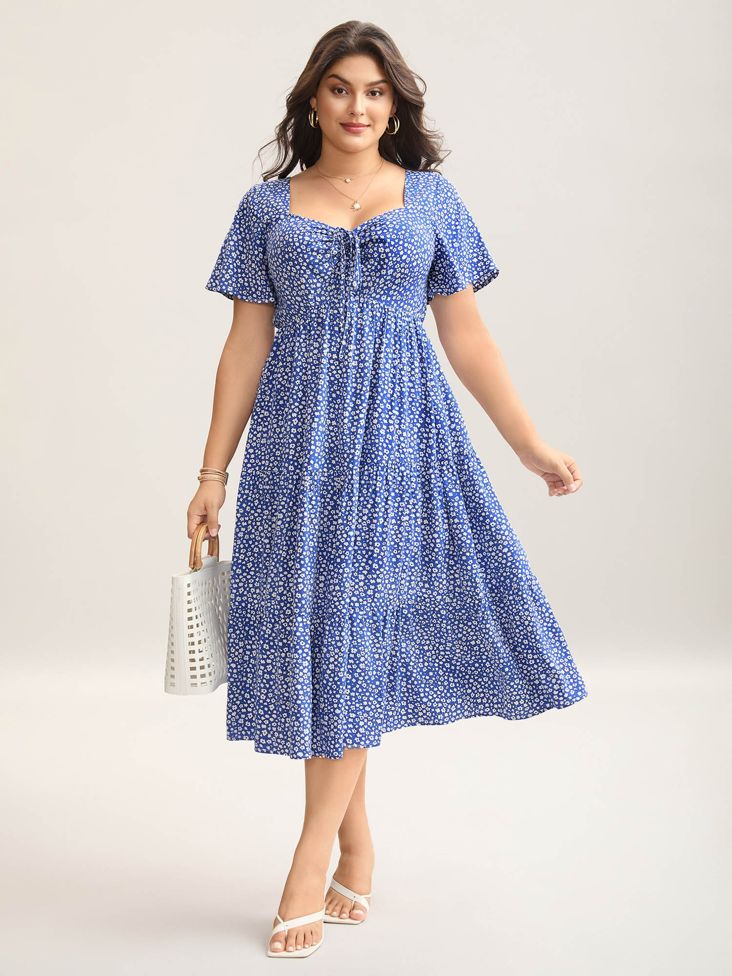 Ditsy Floral Sweetheart Drawstring Pocket Tiered Dress | Bloomchic