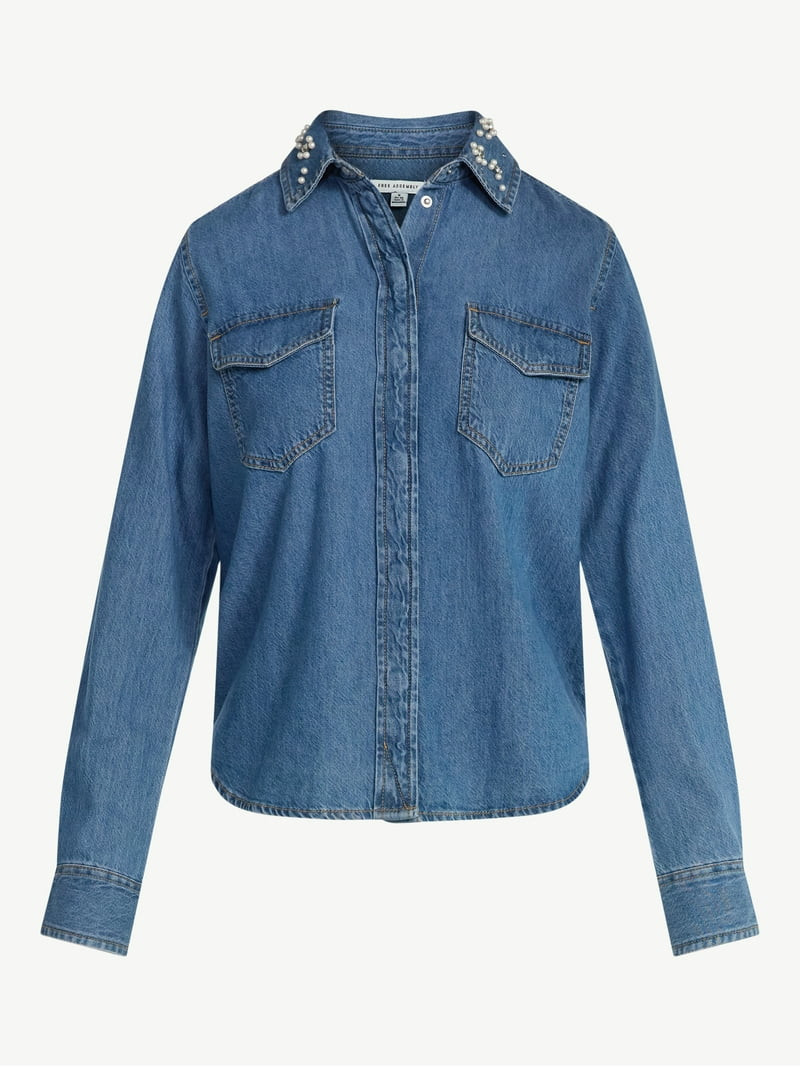 Free Assembly Women's Embellished Denim Shirt with Long Sleeves, Sizes XS-XXXL | Walmart (US)