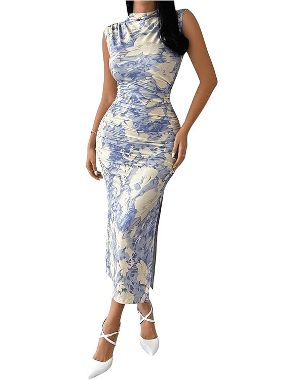 Milumia Women's Ruched Floral Sleeveless Bodycon Midi Dress Mock Neck Slit Thigh Dresses | Amazon (US)