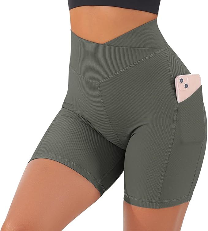 OMKAGI Women High Waisted Workout Shorts with Pockets Spandex Booty Yoga Shorts | Amazon (US)