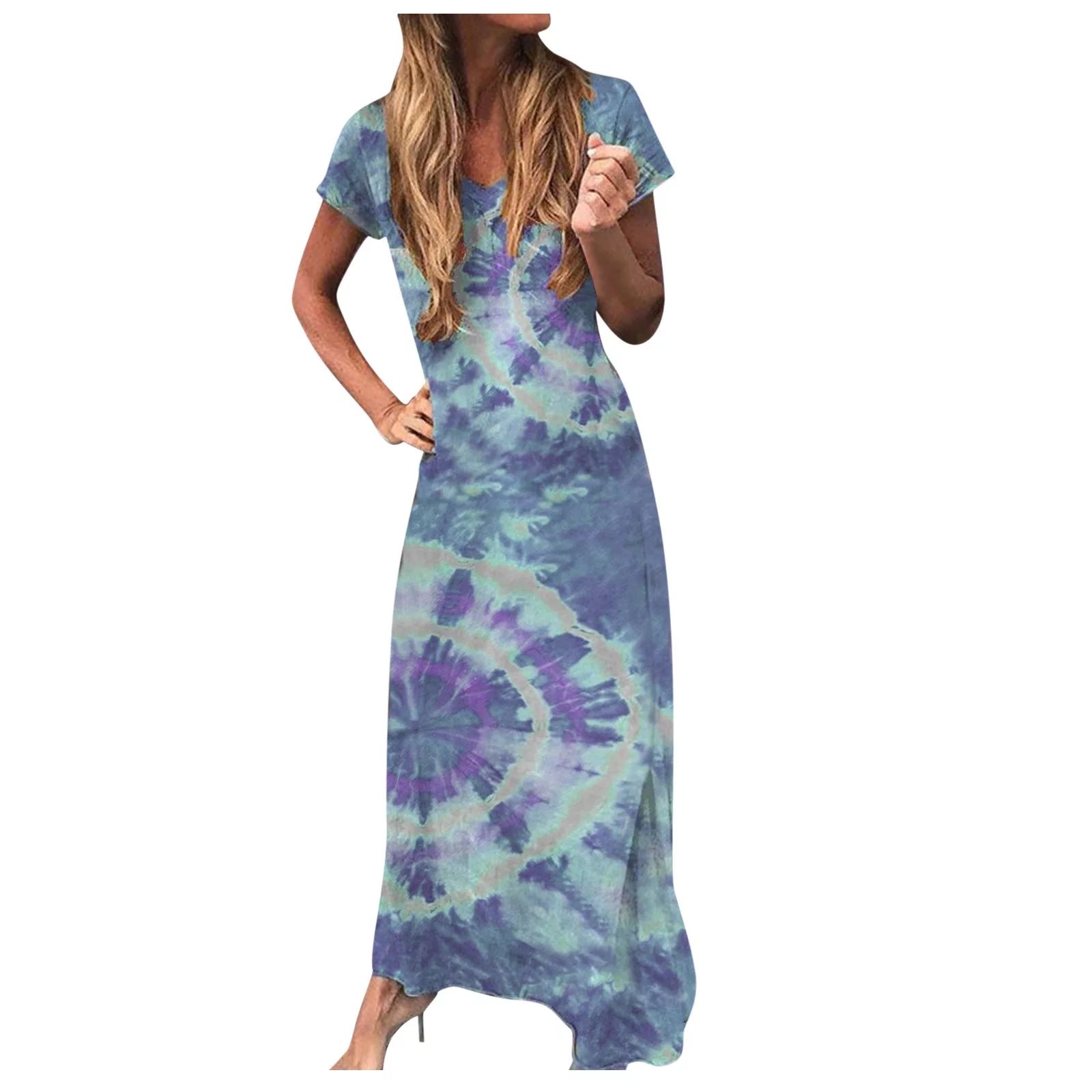 Womens Summer Dresses Fashion Tie-Dye Printing V-Neck Short Sleeve Comfy Tank Dress Blue S - Walm... | Walmart (US)