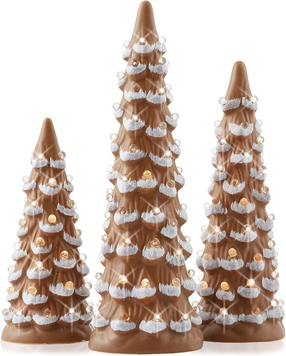 Casafield Set of 3-8, 10, 12-Inch Hand Painted Ceramic Christmas Trees - Gingerbread with White L... | Amazon (US)