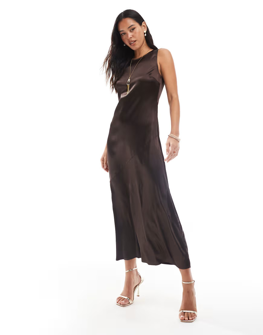 Object high neck textured satin maxi dress in chocolate-Brown | ASOS (Global)