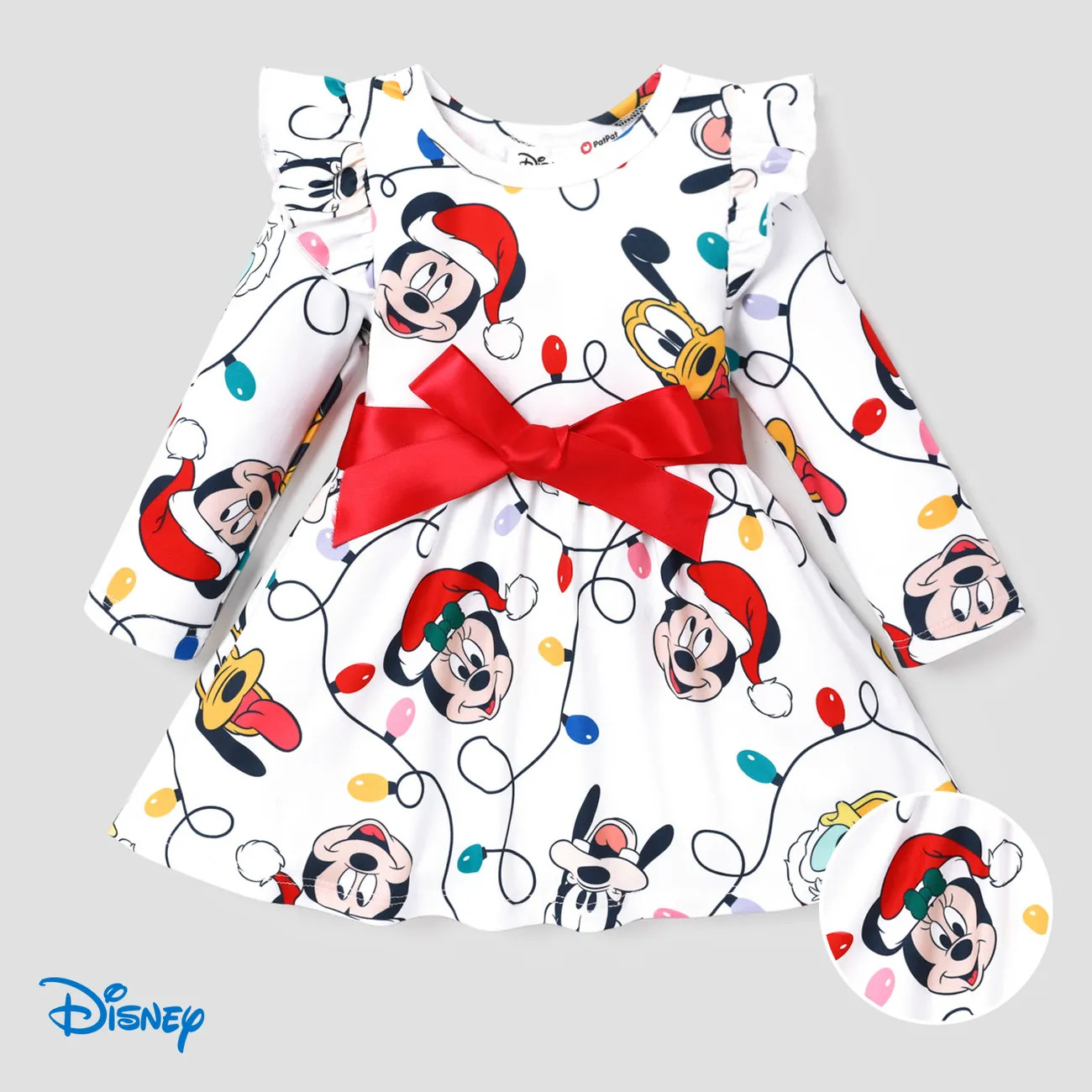 Disney Mickey and Friends Toddler Girl Christmas Full Print Bow Tie Long-sleeve Dress | PatPat