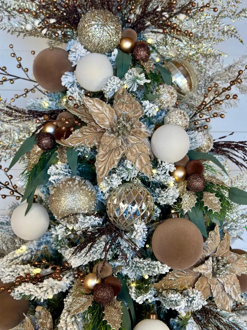 Velvet Christmas Tree Kit, Flocked Ornaments, Neutral Classic Tree bundle Inc Ornaments, Picks, T... | Etsy (US)